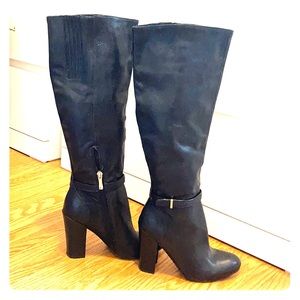 Guess Black Leather Boots with Gold Peekaboo Heel